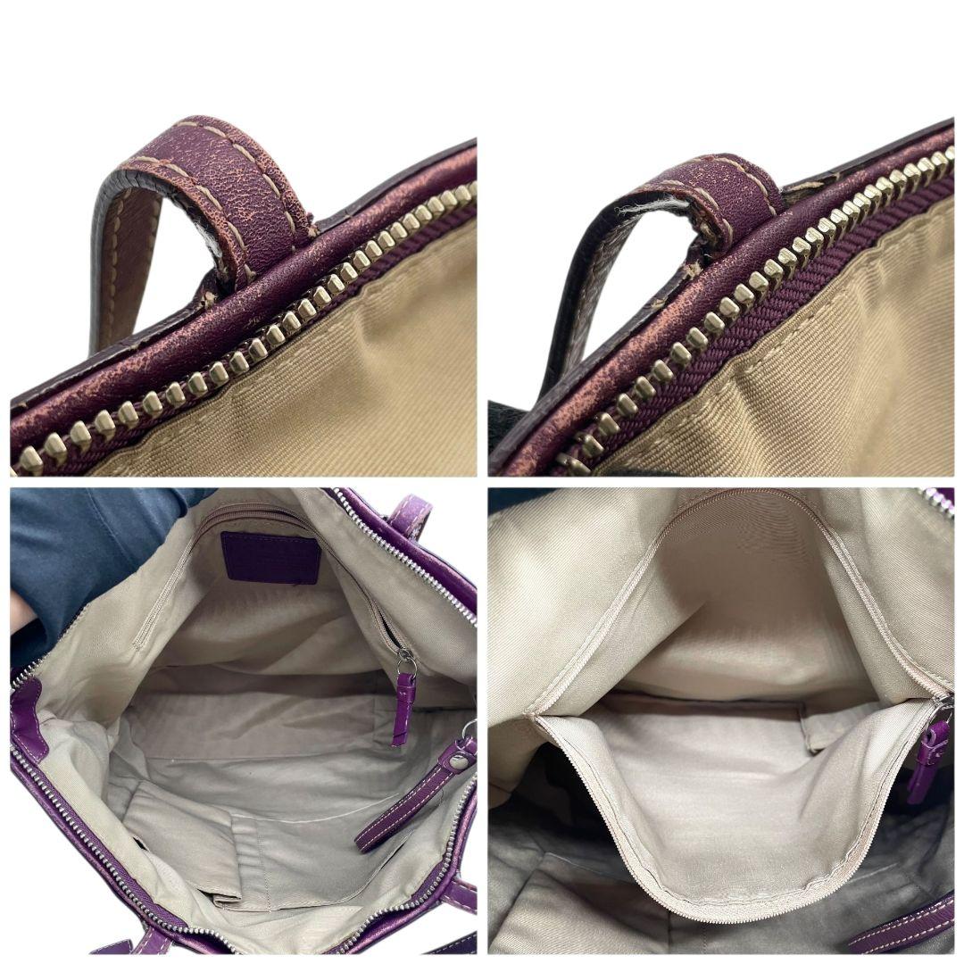 コーチ トートバッグ 茶 ブラウン パープル シグネチャー ワンショル A4収納可 ハンドバッグ キャンバス レザー 本革 肩掛け可 シルバー金具 ロゴタグ ロゴプレート COACH F15110