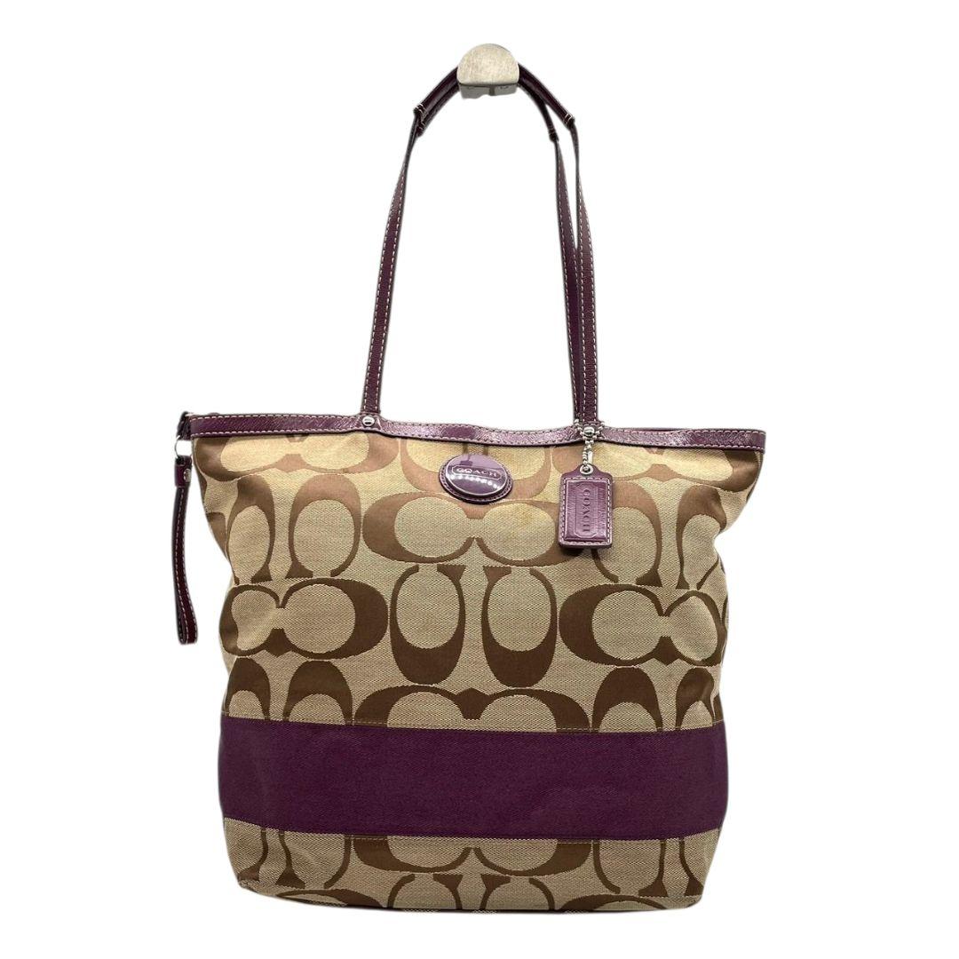 コーチ トートバッグ 茶 ブラウン パープル シグネチャー ワンショル A4収納可 ハンドバッグ キャンバス レザー 本革 肩掛け可 シルバー金具 ロゴタグ ロゴプレート COACH F15110