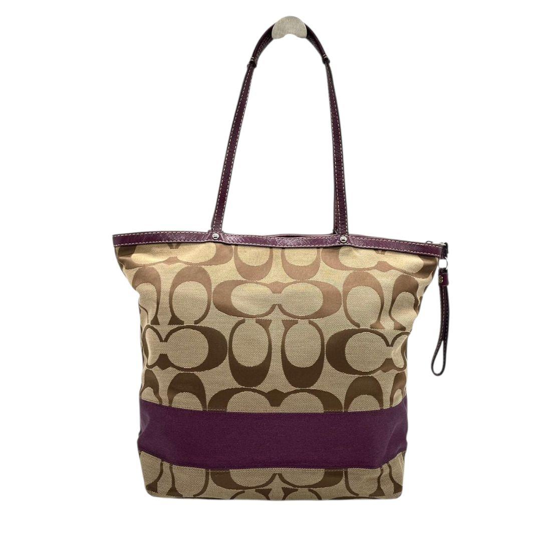 コーチ トートバッグ 茶 ブラウン パープル シグネチャー ワンショル A4収納可 ハンドバッグ キャンバス レザー 本革 肩掛け可 シルバー金具 ロゴタグ ロゴプレート COACH F15110