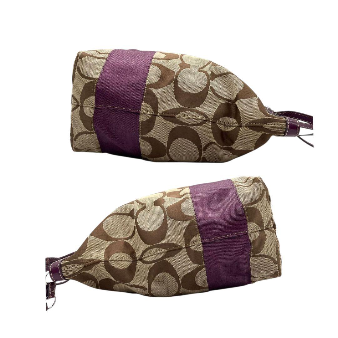 コーチ トートバッグ 茶 ブラウン パープル シグネチャー ワンショル A4収納可 ハンドバッグ キャンバス レザー 本革 肩掛け可 シルバー金具 ロゴタグ ロゴプレート COACH F15110