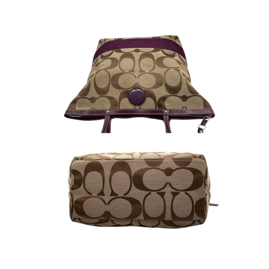 コーチ トートバッグ 茶 ブラウン パープル シグネチャー ワンショル A4収納可 ハンドバッグ キャンバス レザー 本革 肩掛け可 シルバー金具 ロゴタグ ロゴプレート COACH F15110