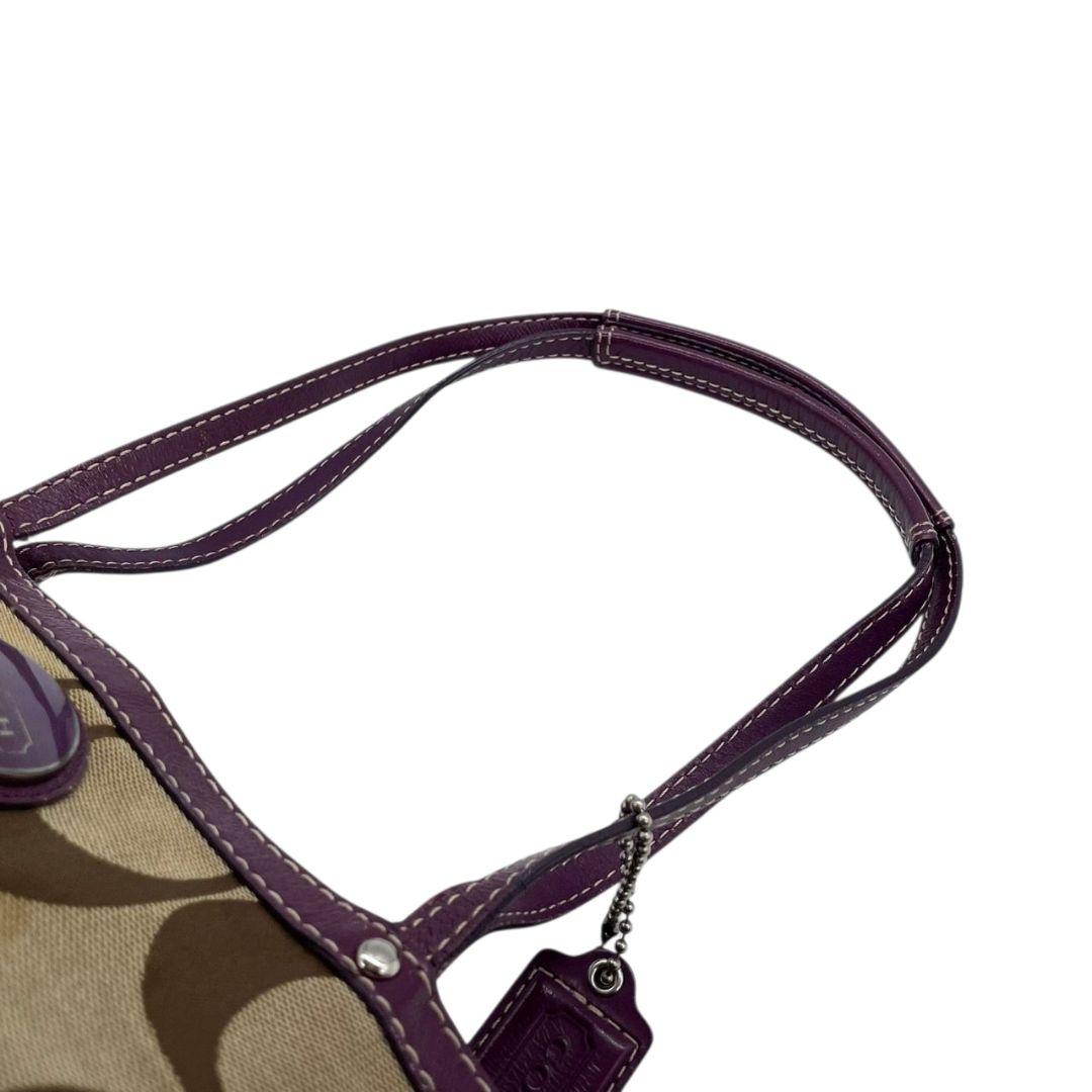 コーチ トートバッグ 茶 ブラウン パープル シグネチャー ワンショル A4収納可 ハンドバッグ キャンバス レザー 本革 肩掛け可 シルバー金具 ロゴタグ ロゴプレート COACH F15110