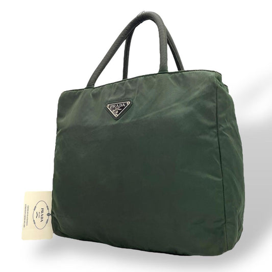 プラダ テスートナイロン ハンドバッグ 三角ロゴ カーキ グリーン トライアングル トートバッグ コンパクト ナイロン シルバー金具 PRADA レディース