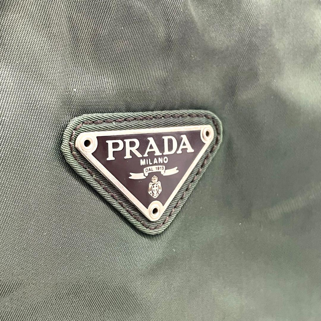プラダ テスートナイロン ハンドバッグ 三角ロゴ カーキ グリーン トライアングル トートバッグ コンパクト ナイロン シルバー金具 PRADA レディース