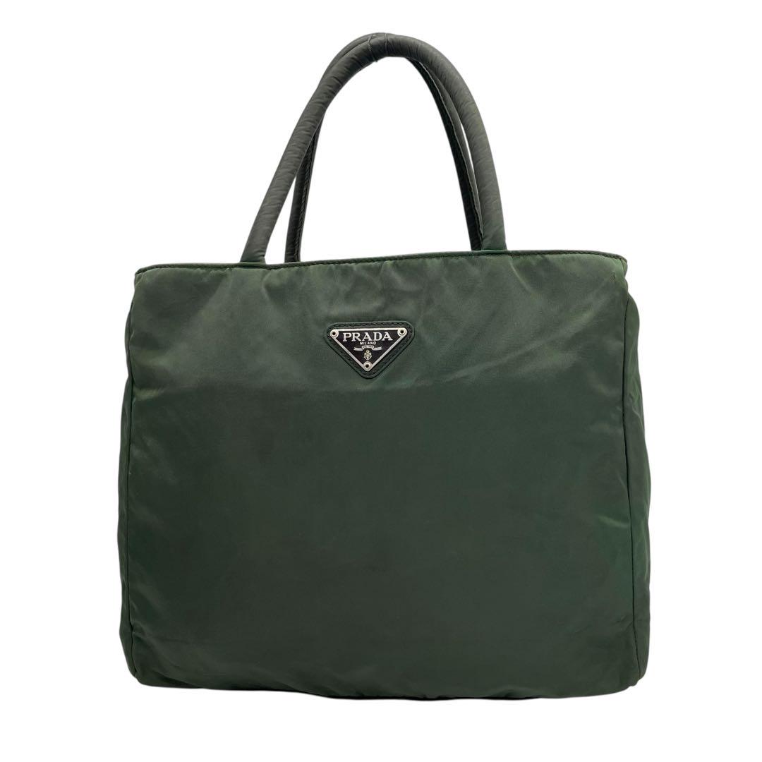 プラダ テスートナイロン ハンドバッグ 三角ロゴ カーキ グリーン トライアングル トートバッグ コンパクト ナイロン シルバー金具 PRADA レディース