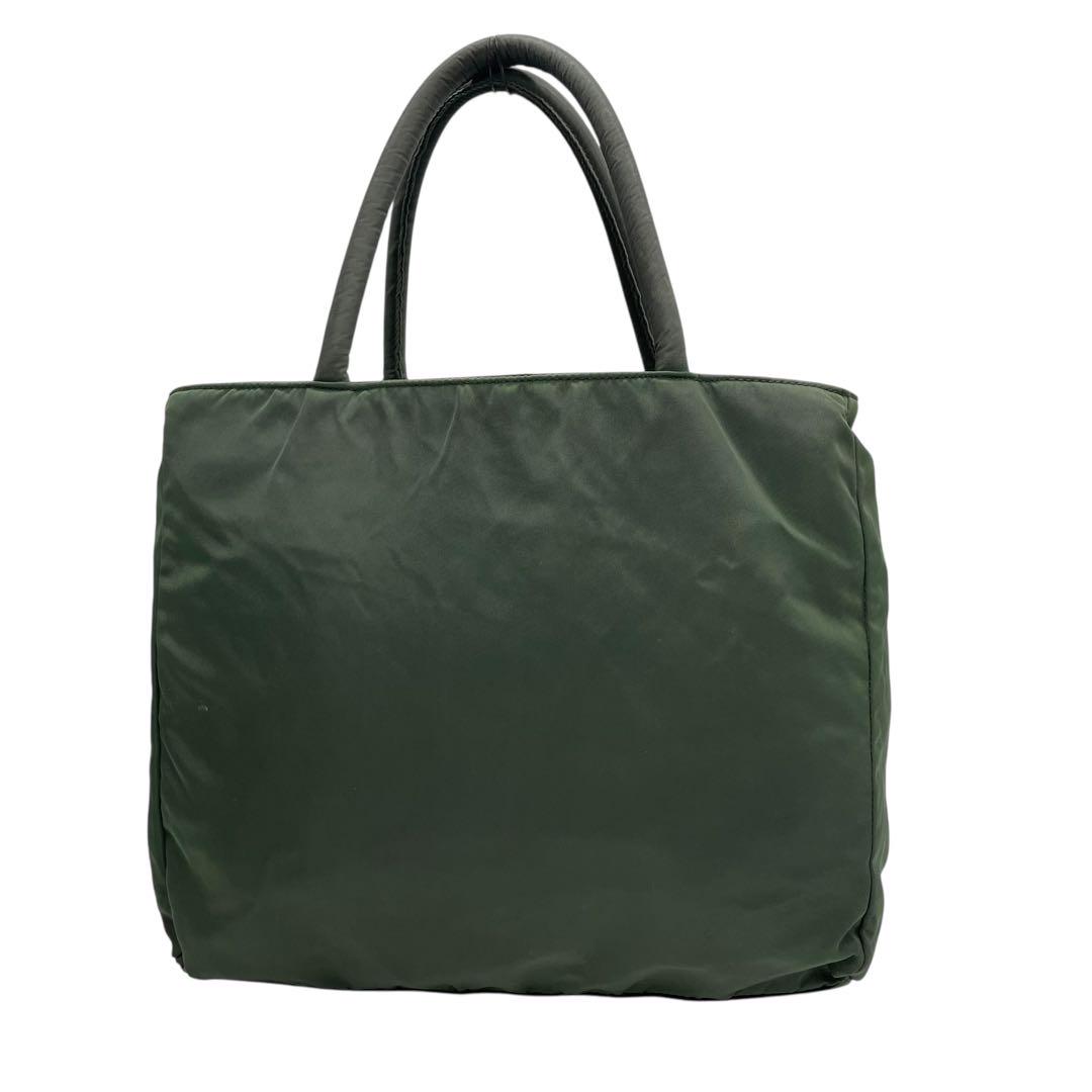 プラダ テスートナイロン ハンドバッグ 三角ロゴ カーキ グリーン トライアングル トートバッグ コンパクト ナイロン シルバー金具 PRADA レディース