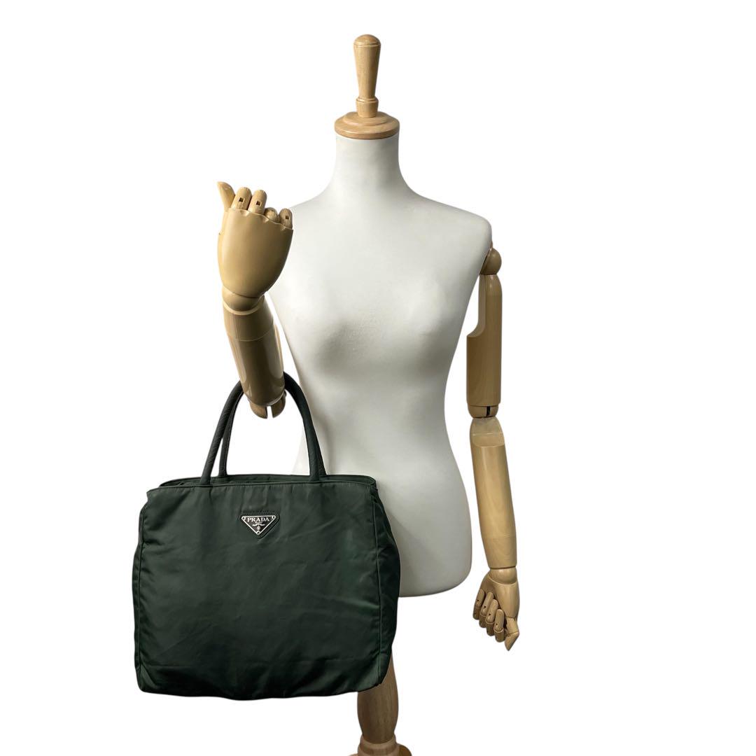 プラダ テスートナイロン ハンドバッグ 三角ロゴ カーキ グリーン トライアングル トートバッグ コンパクト ナイロン シルバー金具 PRADA レディース