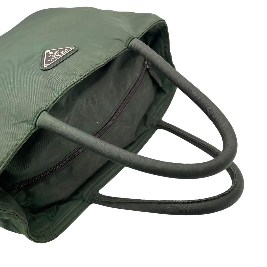 プラダ テスートナイロン ハンドバッグ 三角ロゴ カーキ グリーン トライアングル トートバッグ コンパクト ナイロン シルバー金具 PRADA レディース