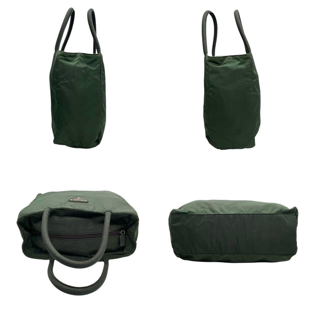 プラダ テスートナイロン ハンドバッグ 三角ロゴ カーキ グリーン トライアングル トートバッグ コンパクト ナイロン シルバー金具 PRADA レディース