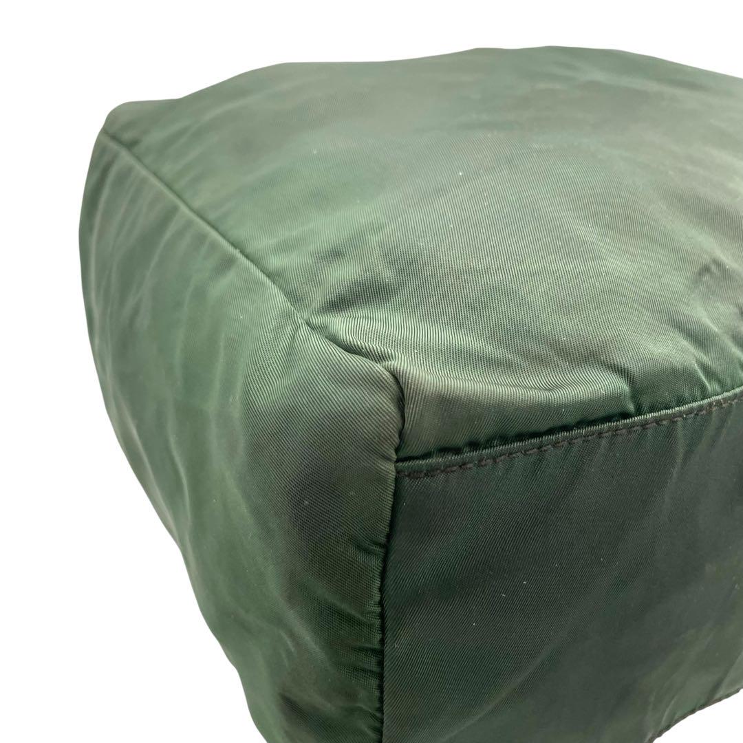 プラダ テスートナイロン ハンドバッグ 三角ロゴ カーキ グリーン トライアングル トートバッグ コンパクト ナイロン シルバー金具 PRADA レディース