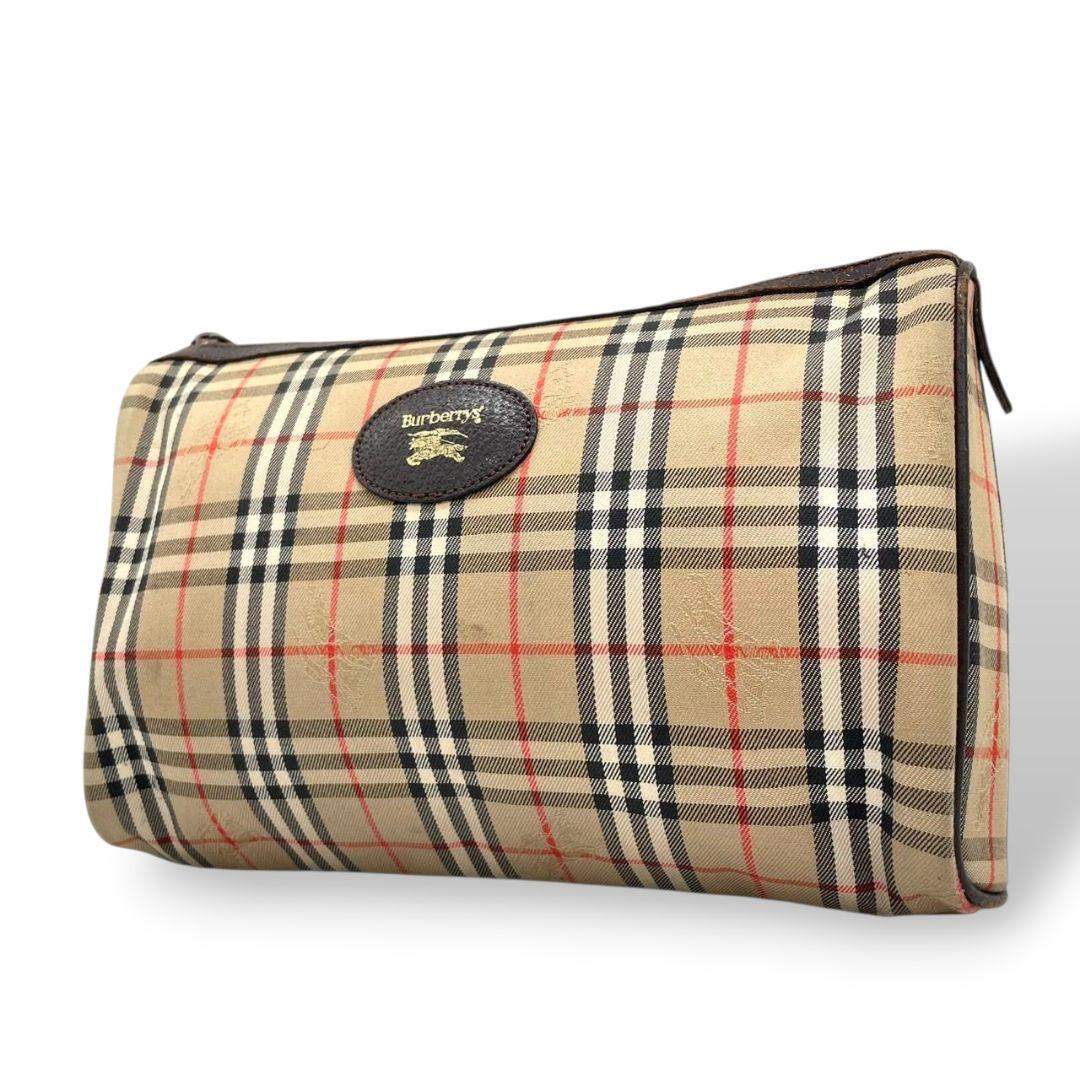 バーバリー Burberrys ポーチ ベージュ ノバチェック ホースロゴ セカンドバッグ クラッチバッグ キャンバス レザー 本革 ロゴプレート T1 レディース