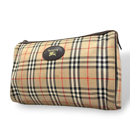 バーバリー Burberrys ポーチ ベージュ ノバチェック ホースロゴ セカンドバッグ クラッチバッグ キャンバス レザー 本革 ロゴプレート T1 レディース