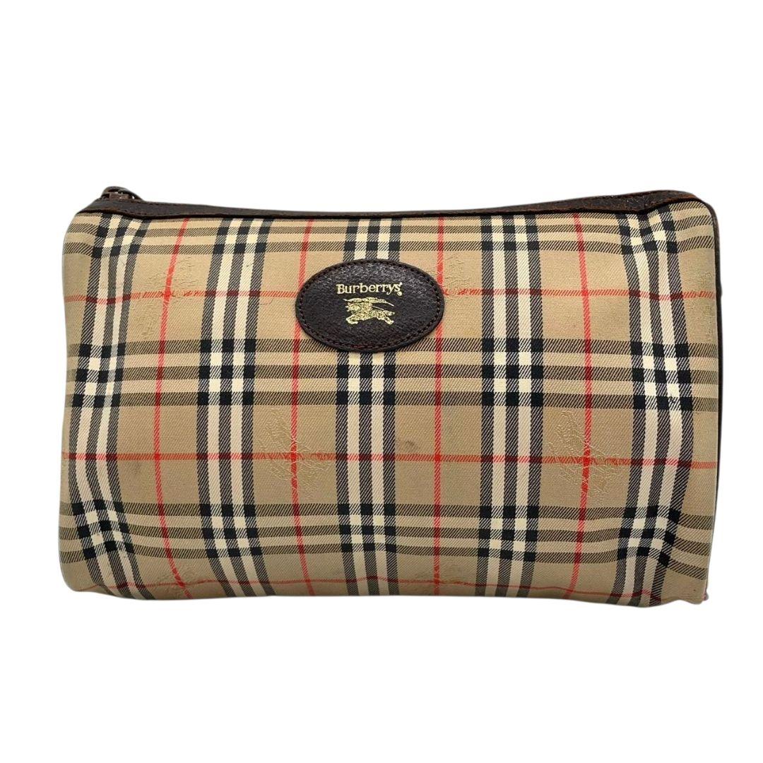 バーバリー Burberrys ポーチ ベージュ ノバチェック ホースロゴ セカンドバッグ クラッチバッグ キャンバス レザー 本革 ロゴプレート T1 レディース