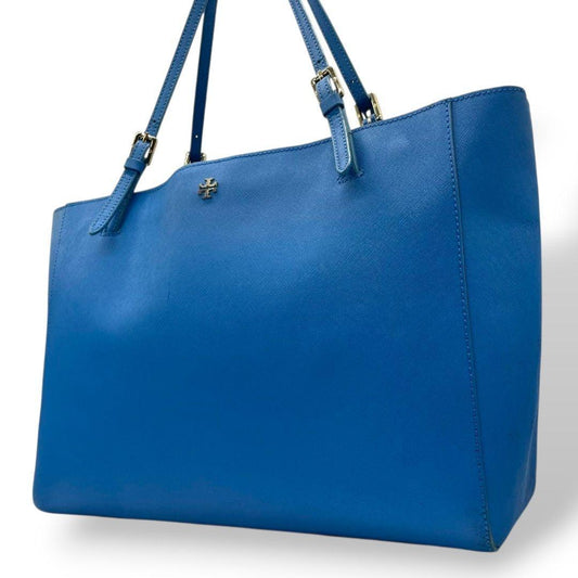 トリーバーチ　トートバッグ　青　ロゴ金具　A4収納可　肩掛け可　s65　ワンショルダー　肩かけ可　ハンドバッグ　自立可　本革　サフィアーノ　レザー　ブルー　ゴールド金具