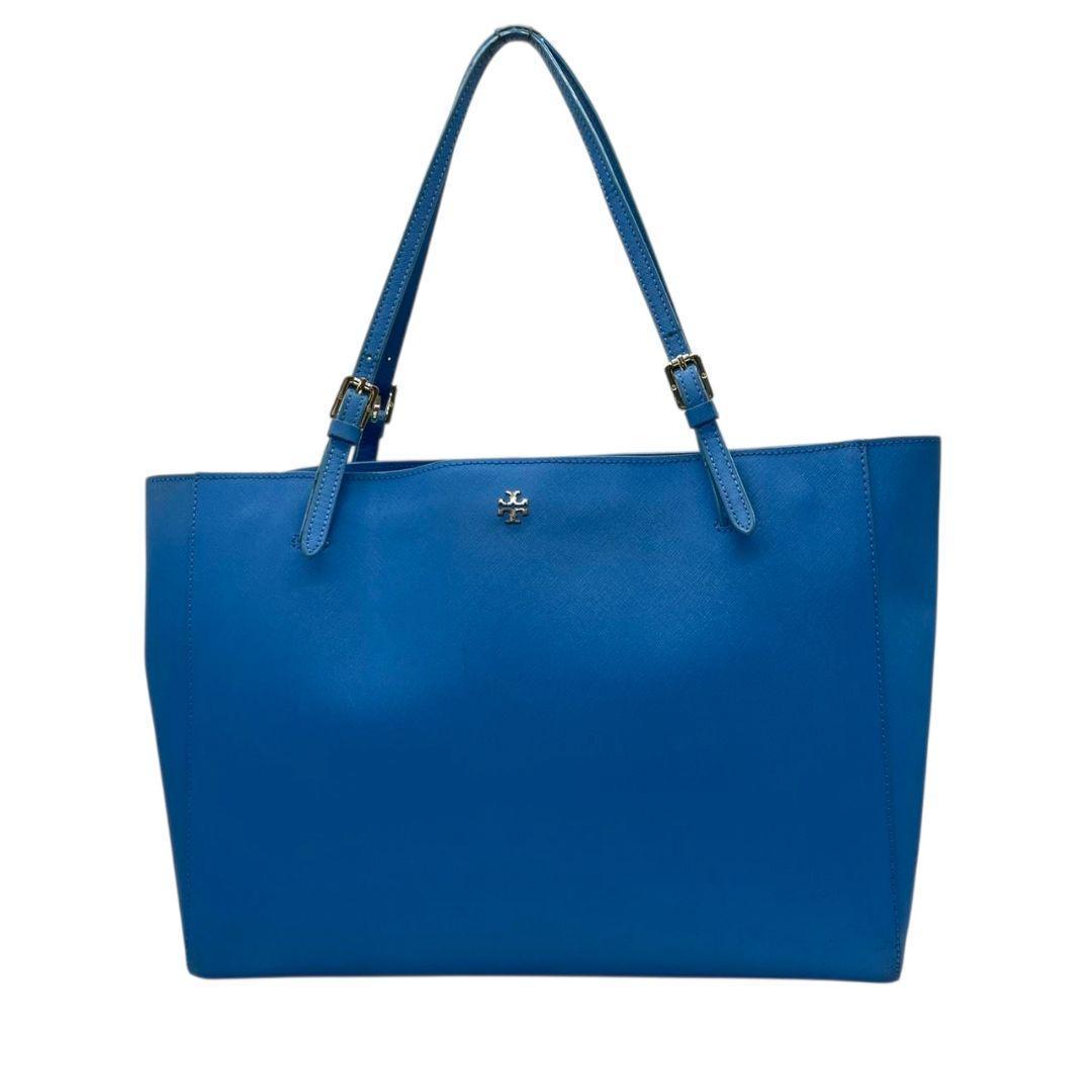 トリーバーチ　トートバッグ　青　ロゴ金具　A4収納可　肩掛け可　s65　ワンショルダー　肩かけ可　ハンドバッグ　自立可　本革　サフィアーノ　レザー　ブルー　ゴールド金具