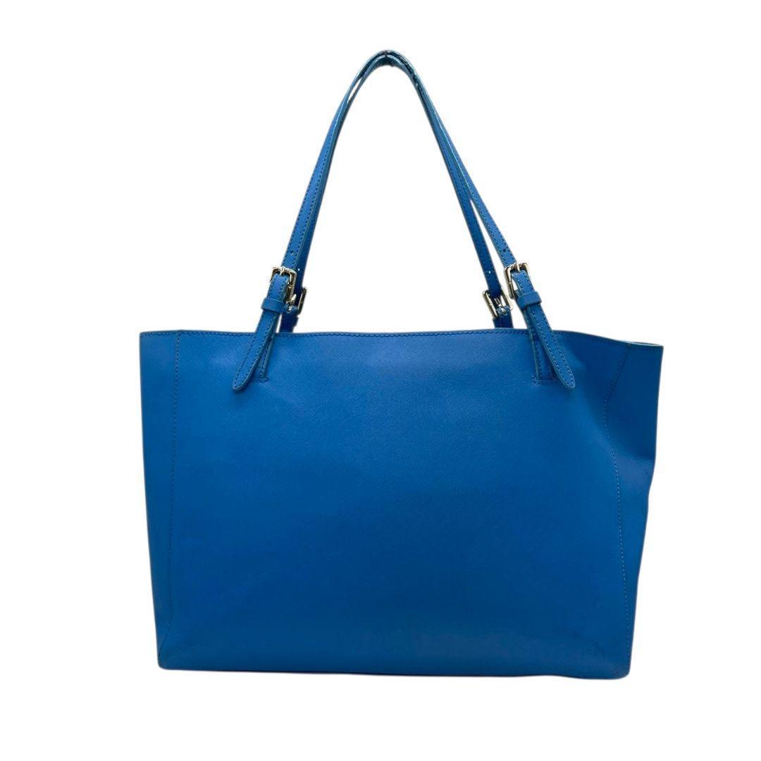 トリーバーチ　トートバッグ　青　ロゴ金具　A4収納可　肩掛け可　s65　ワンショルダー　肩かけ可　ハンドバッグ　自立可　本革　サフィアーノ　レザー　ブルー　ゴールド金具