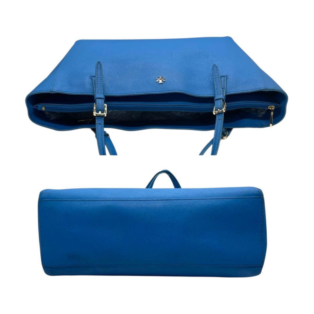 トリーバーチ　トートバッグ　青　ロゴ金具　A4収納可　肩掛け可　s65　ワンショルダー　肩かけ可　ハンドバッグ　自立可　本革　サフィアーノ　レザー　ブルー　ゴールド金具