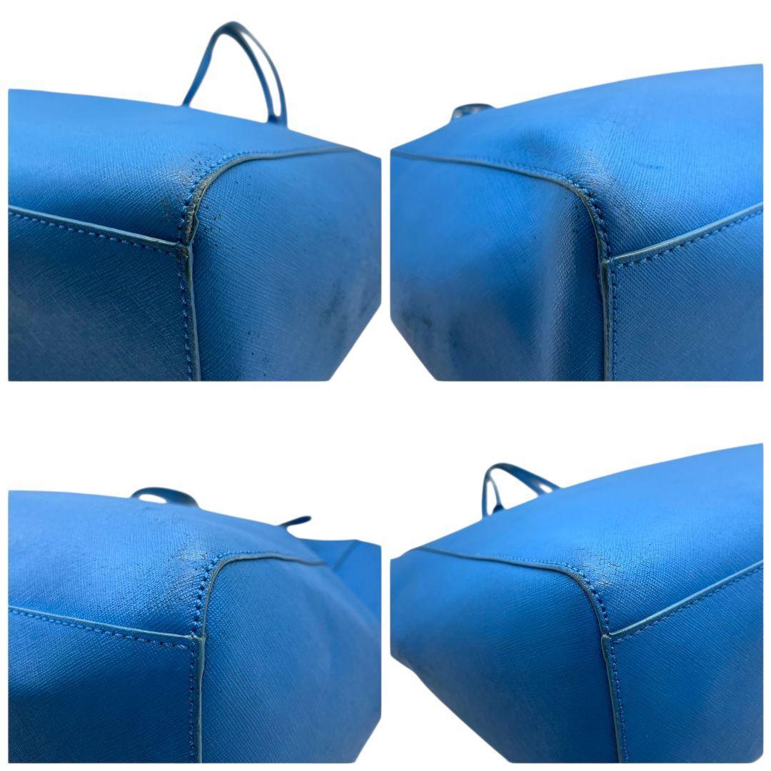 トリーバーチ　トートバッグ　青　ロゴ金具　A4収納可　肩掛け可　s65　ワンショルダー　肩かけ可　ハンドバッグ　自立可　本革　サフィアーノ　レザー　ブルー　ゴールド金具