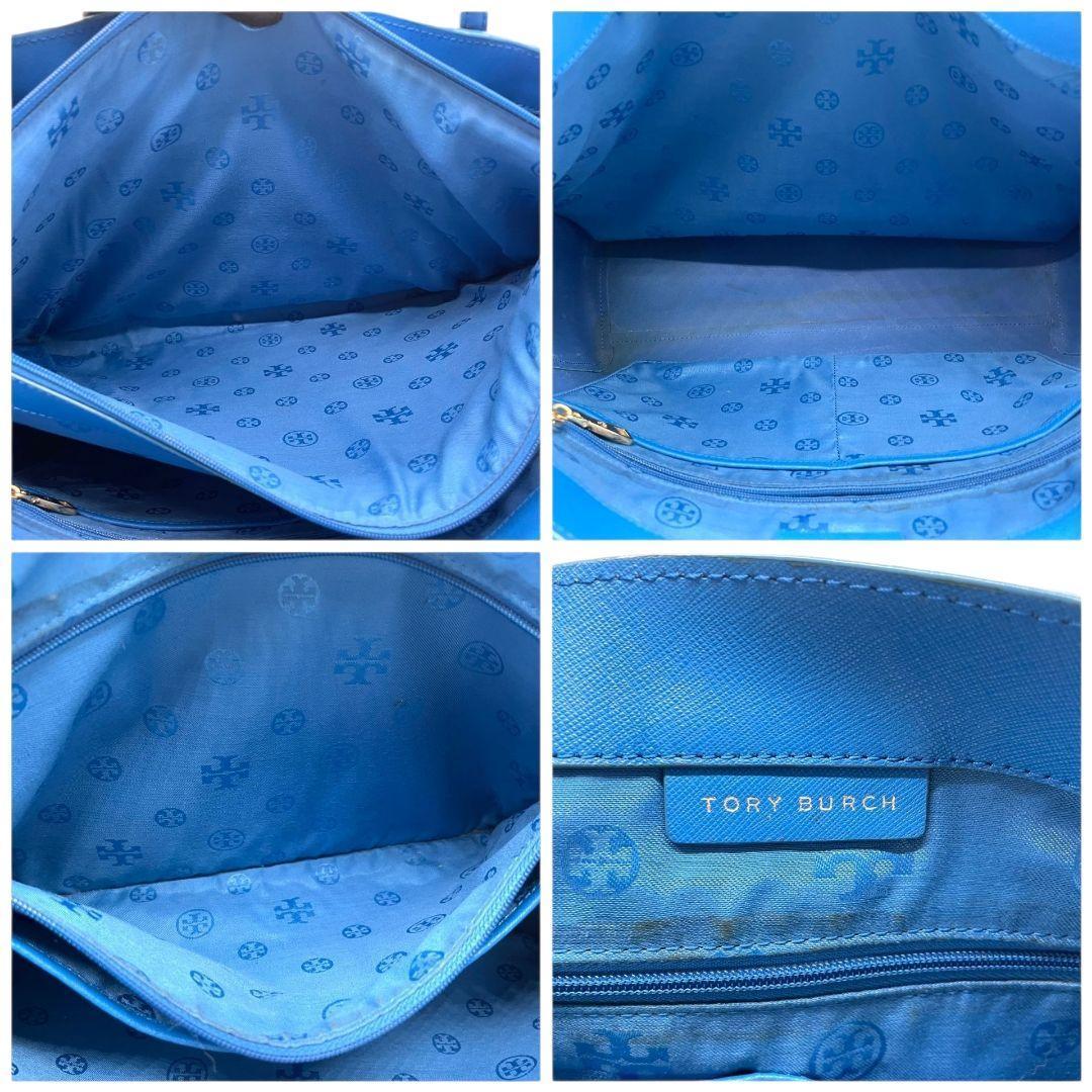 トリーバーチ　トートバッグ　青　ロゴ金具　A4収納可　肩掛け可　s65　ワンショルダー　肩かけ可　ハンドバッグ　自立可　本革　サフィアーノ　レザー　ブルー　ゴールド金具