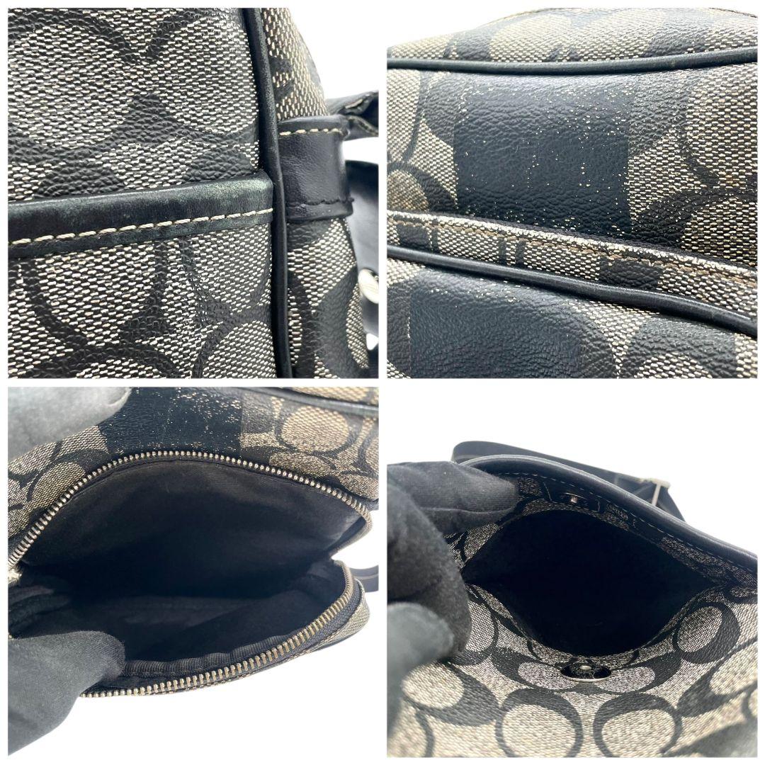 コーチ　ショルダーバッグ　グレー　シグネチャー　ストライプ　斜め掛け可　s14　PVC　レザー　本革　ブラック　シルバー金具　ロゴプレート　COACH　F70078