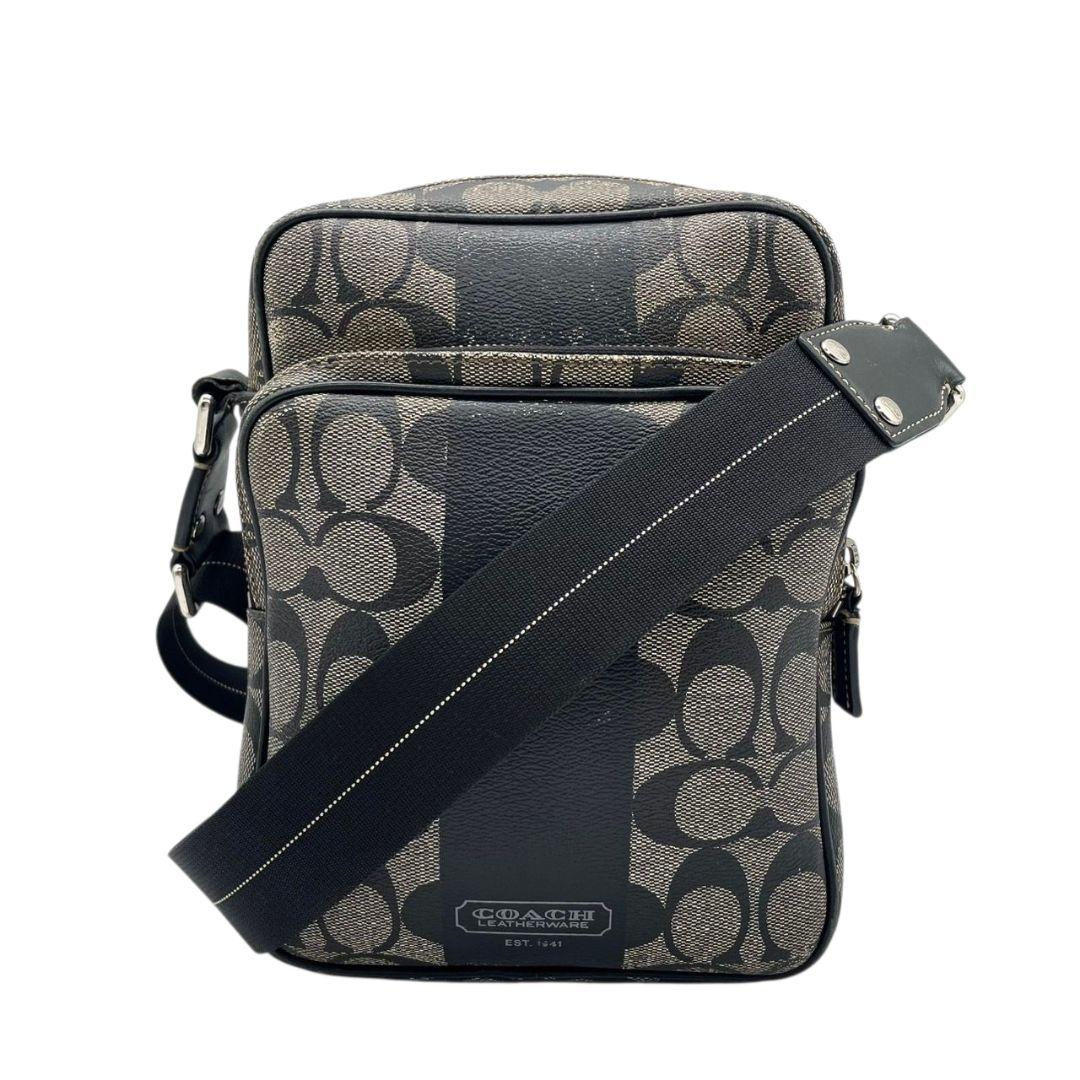 コーチ　ショルダーバッグ　グレー　シグネチャー　ストライプ　斜め掛け可　s14　PVC　レザー　本革　ブラック　シルバー金具　ロゴプレート　COACH　F70078