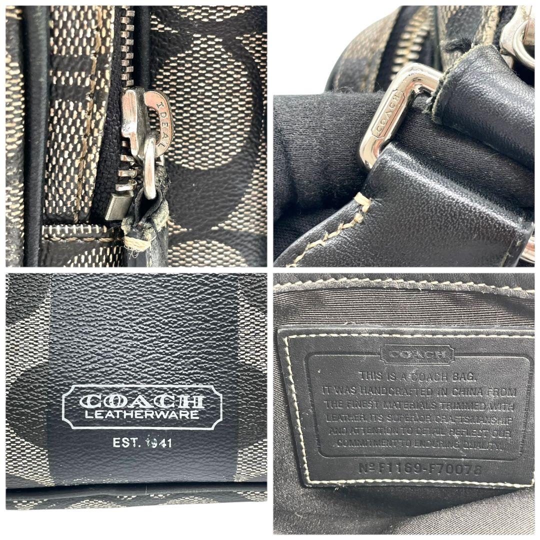 コーチ　ショルダーバッグ　グレー　シグネチャー　ストライプ　斜め掛け可　s14　PVC　レザー　本革　ブラック　シルバー金具　ロゴプレート　COACH　F70078