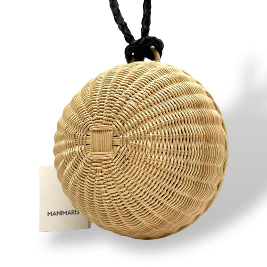 美品 マニマリス フルムーンバスケット かごバッグ 丸型 ショルダーバッグ クロスボディー 牛革ベルト付き コンパクト ベージュ ブラック ゴールド金具 MANIMARIS レディース