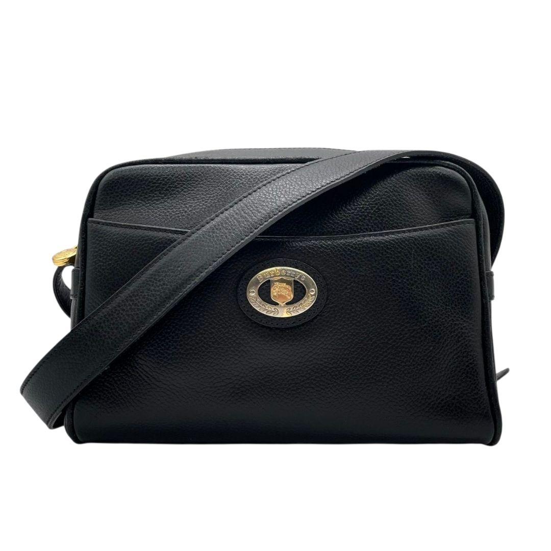 美品 BURBERRY バーバリー ショルダーバッグ ブラック レザー 本革 ロゴプレート 斜め掛け可 ゴールド金具 Burberrys s9