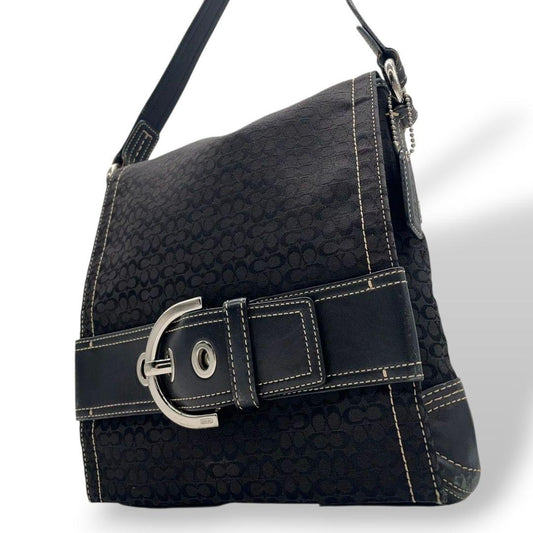 コーチ ショルダーバッグ 黒 ブラック シグネチャー フラップ 斜め掛け可 レザー 本革 キャンバス s35 C05Q-3644 シルバー金具 ロゴタグ オシャレ COACH