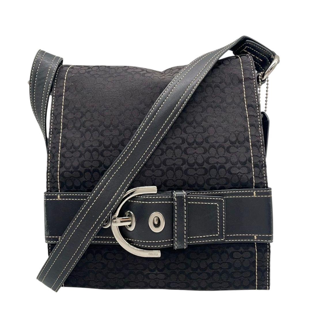コーチ ショルダーバッグ 黒 ブラック シグネチャー フラップ 斜め掛け可 レザー 本革 キャンバス s35 C05Q-3644 シルバー金具 ロゴタグ オシャレ COACH