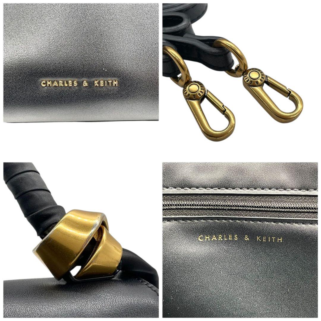 美品 チャールズアンドキース ハンドバッグ 黒 フラップ 2way 斜め掛け可 T4 ショルダーバッグ トートバッグ CHARLES & KEITH レザー 本革 ロゴ ゴールド金具 自立可 ブラック