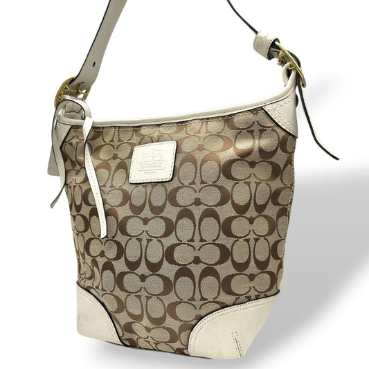 コーチ ショルダーバッグ 茶 白 シグネチャー ホーボー ワンショル s96 12390 自立可 斜め掛け可 ブラウン ホワイト ゴールド金具 ロゴプレート レザー 本革 COACH