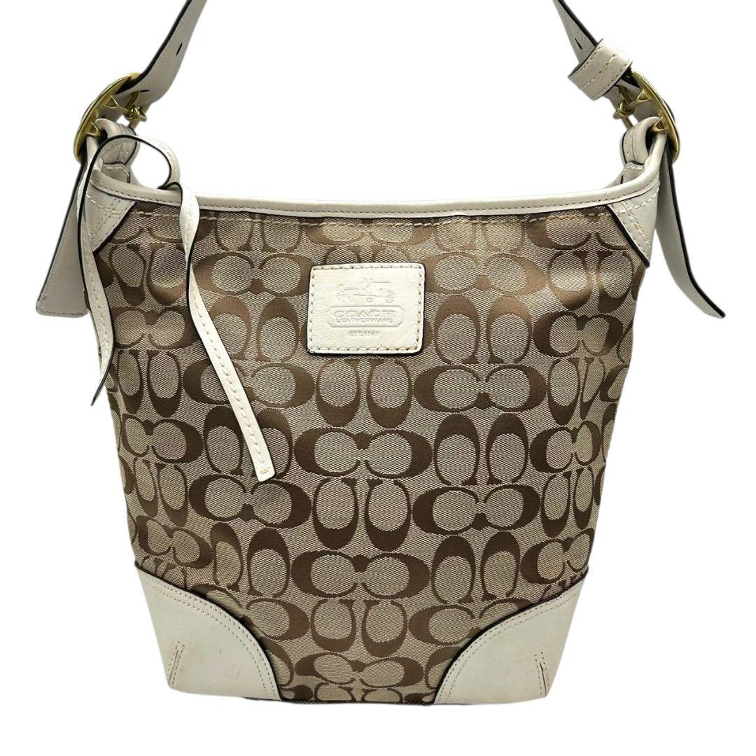 コーチ ショルダーバッグ 茶 白 シグネチャー ホーボー ワンショル s96 12390 自立可 斜め掛け可 ブラウン ホワイト ゴールド金具 ロゴプレート レザー 本革 COACH
