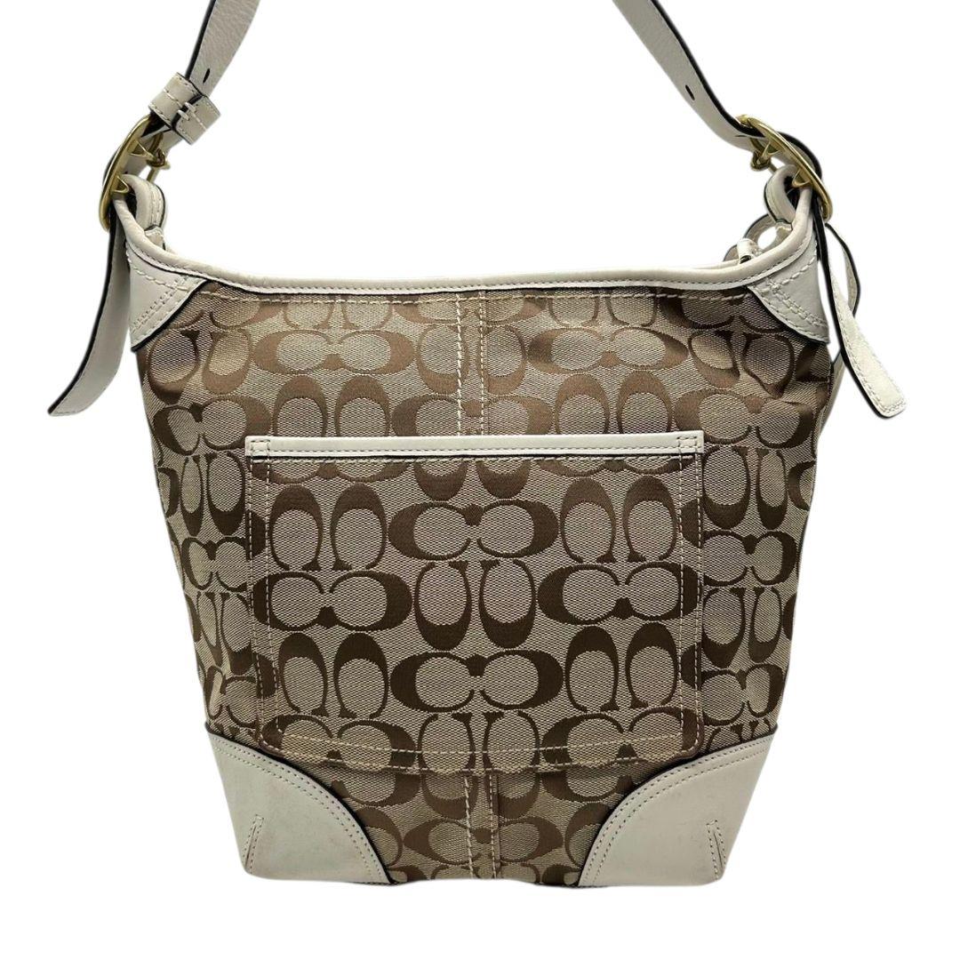 コーチ ショルダーバッグ 茶 白 シグネチャー ホーボー ワンショル s96 12390 自立可 斜め掛け可 ブラウン ホワイト ゴールド金具 ロゴプレート レザー 本革 COACH