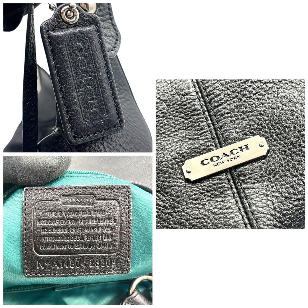美品 コーチ ハンドバッグ 黒 ワンショルダー レザー 本革 アベリー トートバッグ A4収納 ロゴタグ ロゴプレート シルバー金具 肩掛け可 肩かけ可 COACH A1480-F23309 スモール ホーボー s96 ブラック 上品 高級感