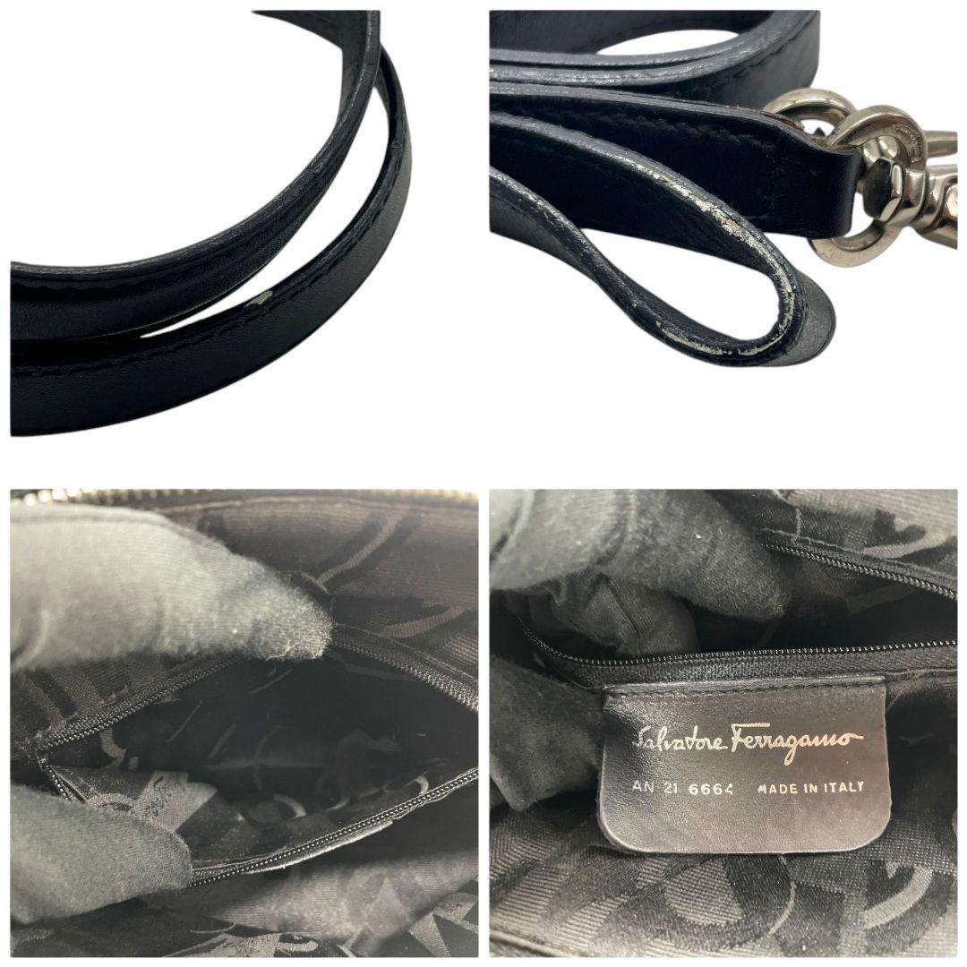 美品 フェラガモ ハンドバッグ 2way 黒 ガンチーニ チャーム付き レザー 本革 ショルダーバッグ 斜め掛け可 自立可 シルバー金具 Salvatore Ferragamo ブラック E6 6664