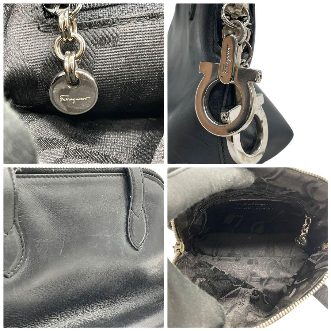 美品 フェラガモ ハンドバッグ 2way 黒 ガンチーニ チャーム付き レザー 本革 ショルダーバッグ 斜め掛け可 自立可 シルバー金具 Salvatore Ferragamo ブラック E6 6664