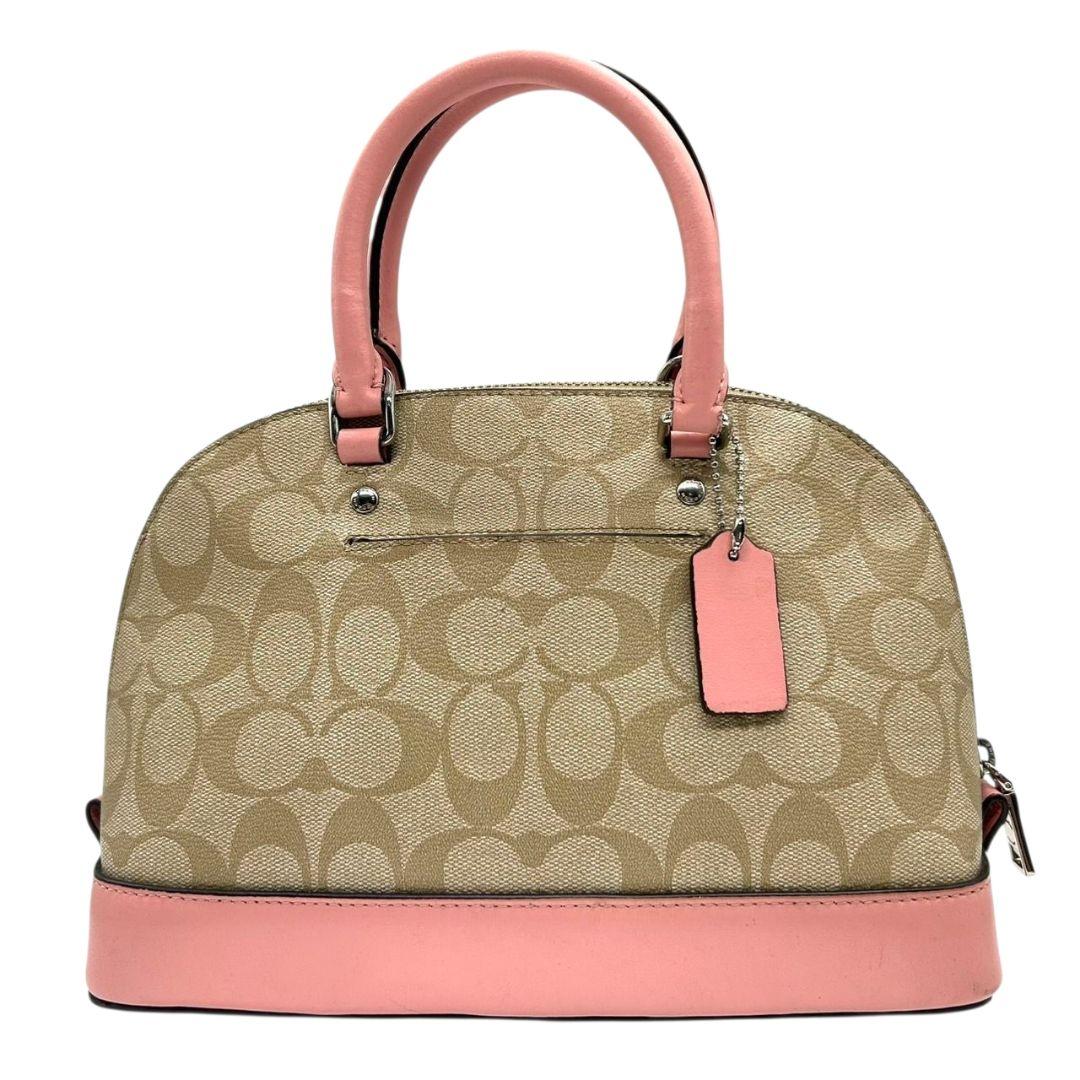 コーチ ハンドバッグ ピンク シグネチャー ミニシエラ 2way PVC s35 斜め掛け可 ショルダーバッグ トートバッグ ブラウン 茶 シルバー金具 レザー 本革 ロゴタグ COACH サッチェル