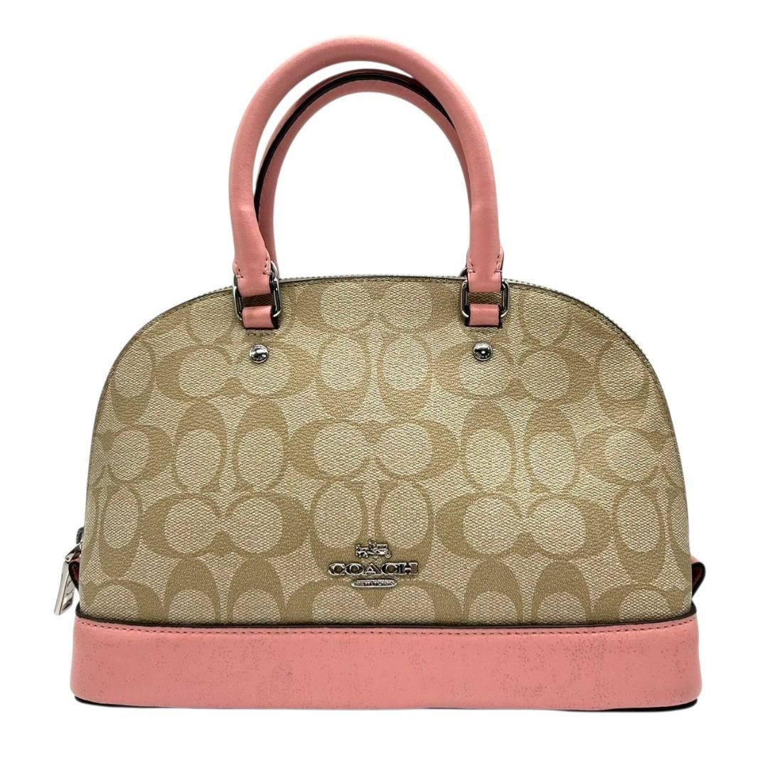 コーチ ハンドバッグ ピンク シグネチャー ミニシエラ 2way PVC s35 斜め掛け可 ショルダーバッグ トートバッグ ブラウン 茶 シルバー金具 レザー 本革 ロゴタグ COACH サッチェル