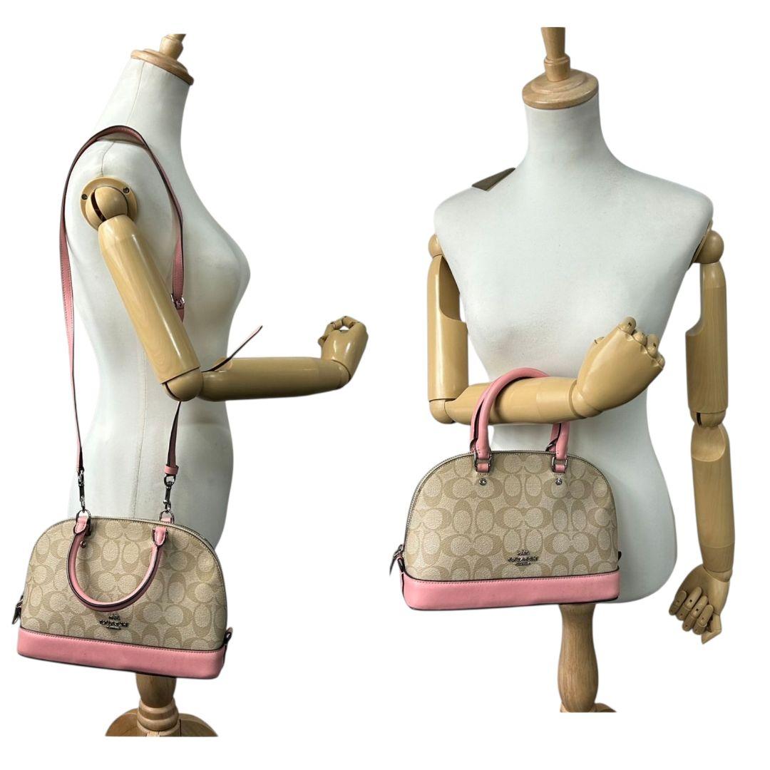 コーチ ハンドバッグ ピンク シグネチャー ミニシエラ 2way PVC s35 斜め掛け可 ショルダーバッグ トートバッグ ブラウン 茶 シルバー金具 レザー 本革 ロゴタグ COACH サッチェル
