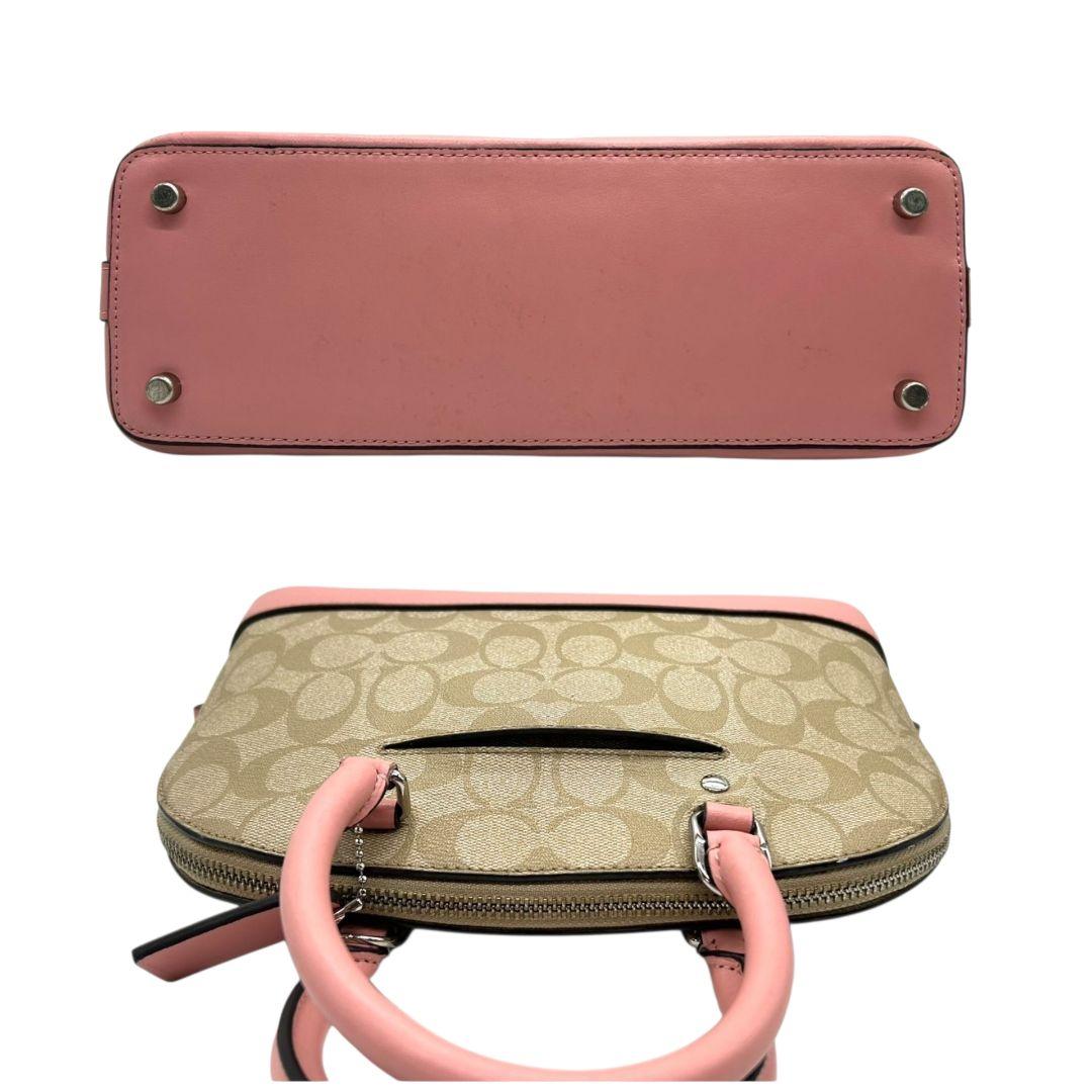 コーチ ハンドバッグ ピンク シグネチャー ミニシエラ 2way PVC s35 斜め掛け可 ショルダーバッグ トートバッグ ブラウン 茶 シルバー金具 レザー 本革 ロゴタグ COACH サッチェル