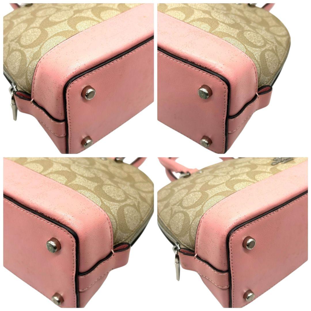 コーチ ハンドバッグ ピンク シグネチャー ミニシエラ 2way PVC s35 斜め掛け可 ショルダーバッグ トートバッグ ブラウン 茶 シルバー金具 レザー 本革 ロゴタグ COACH サッチェル