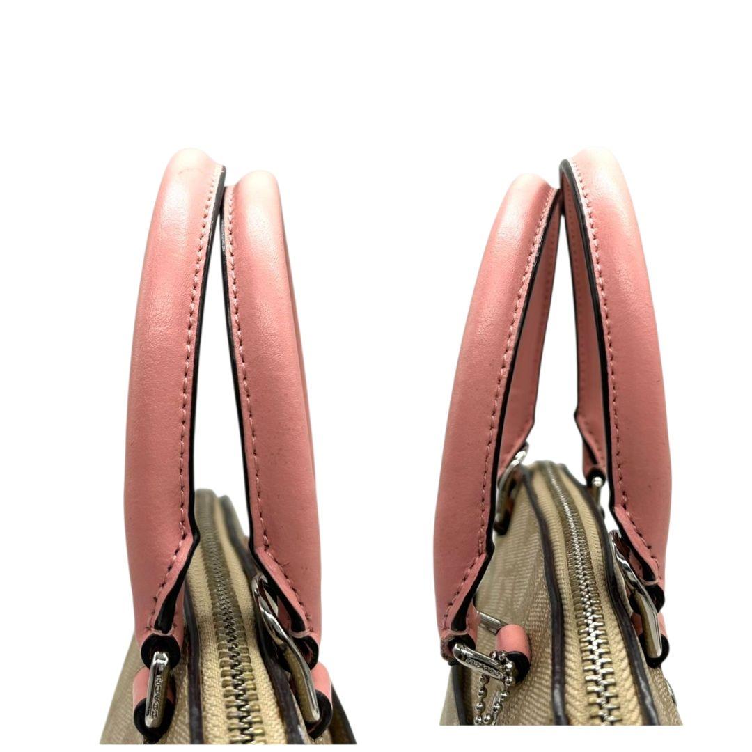 コーチ ハンドバッグ ピンク シグネチャー ミニシエラ 2way PVC s35 斜め掛け可 ショルダーバッグ トートバッグ ブラウン 茶 シルバー金具 レザー 本革 ロゴタグ COACH サッチェル