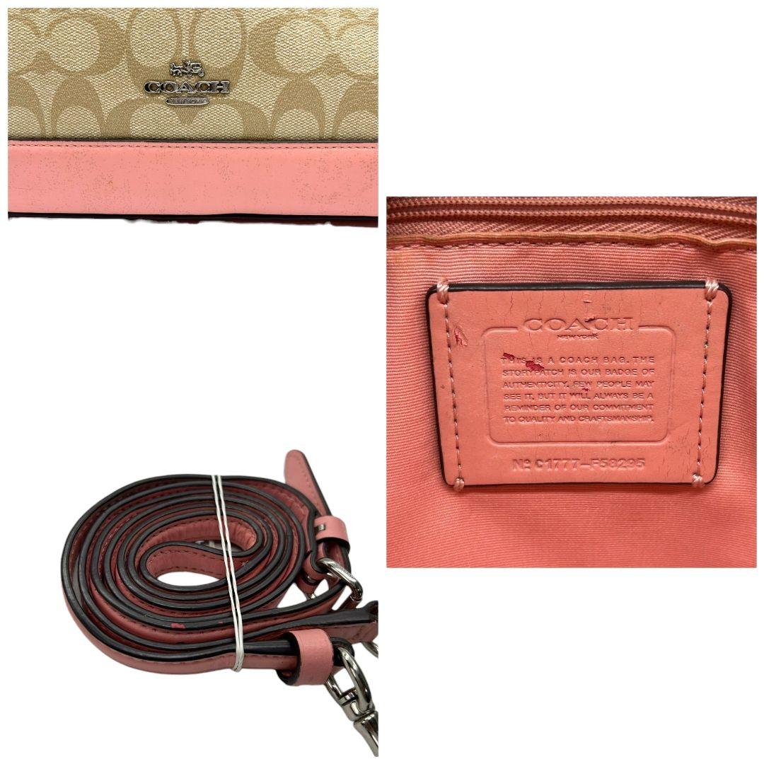 コーチ ハンドバッグ ピンク シグネチャー ミニシエラ 2way PVC s35 斜め掛け可 ショルダーバッグ トートバッグ ブラウン 茶 シルバー金具 レザー 本革 ロゴタグ COACH サッチェル