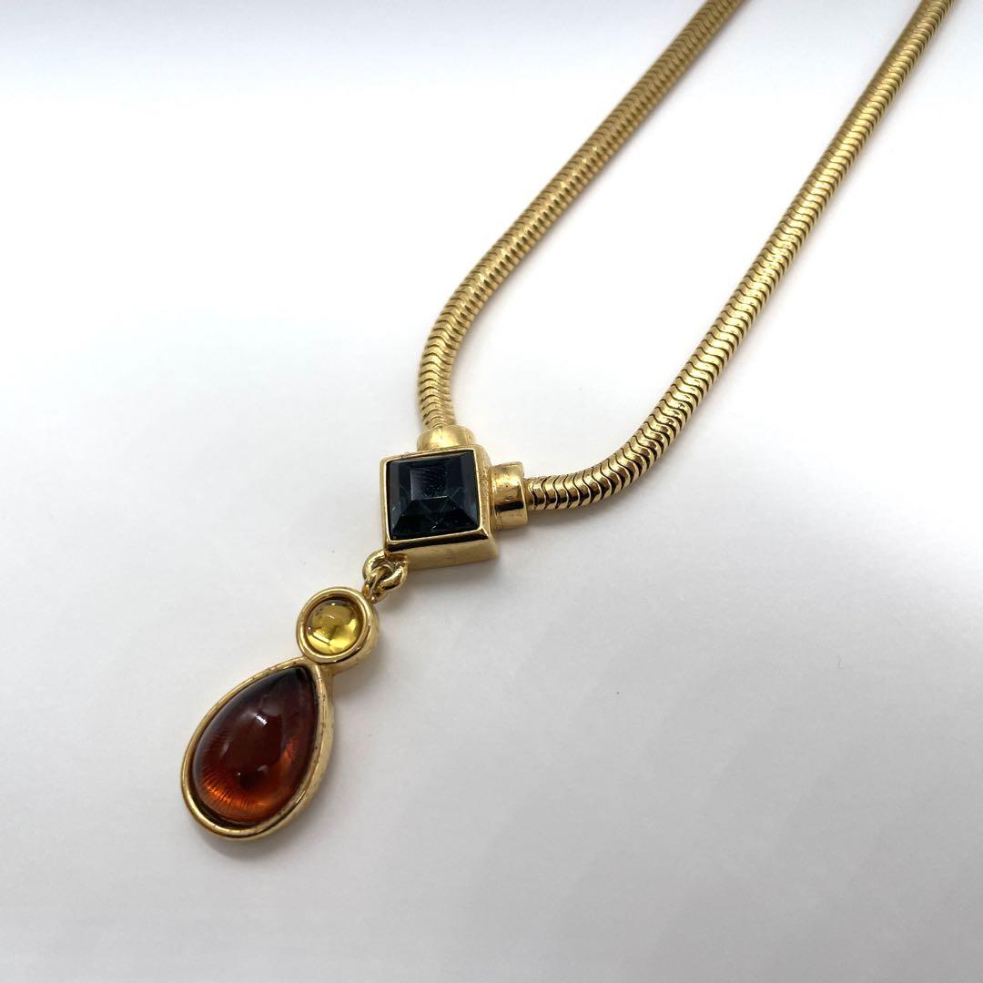 美品 モネ MONET ネックレス i6 カラーストーン ゴールド オレンジ ネイビー レディース アクセサリー ゴールド金具 ロゴ刻印 パリ 高級