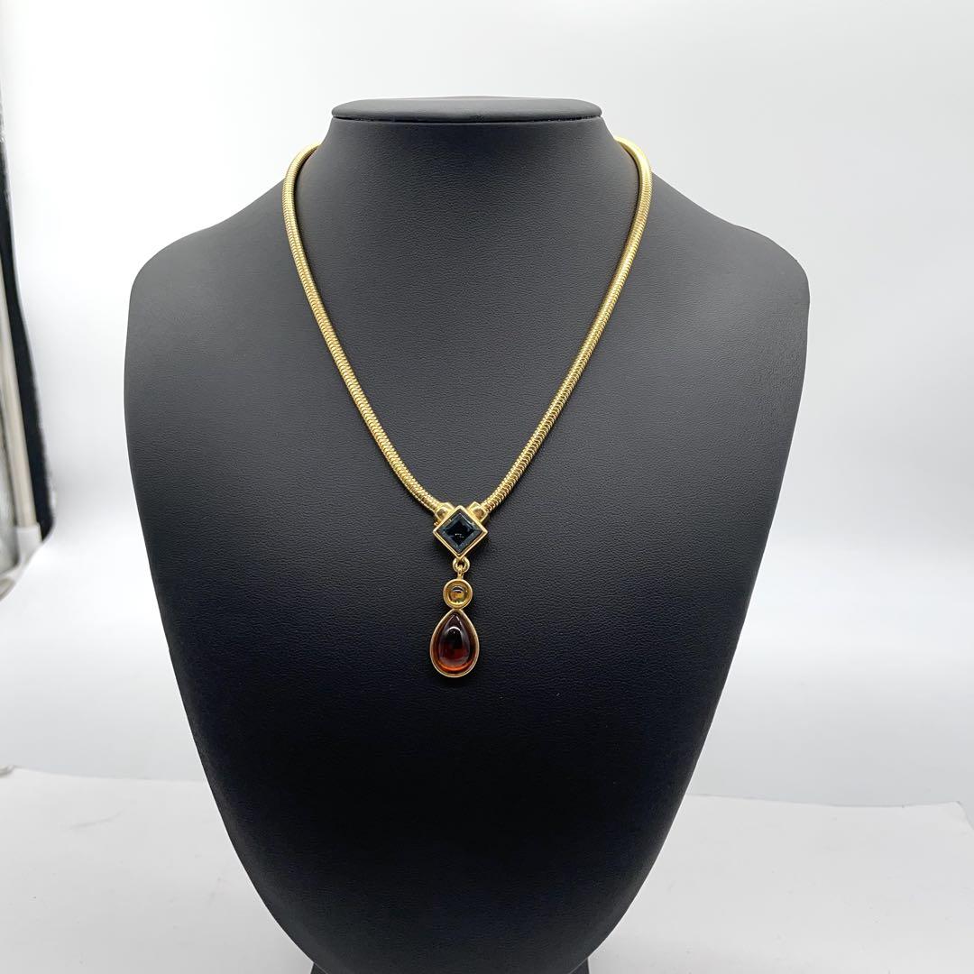 美品 モネ MONET ネックレス i6 カラーストーン ゴールド オレンジ ネイビー レディース アクセサリー ゴールド金具 ロゴ刻印 パリ 高級