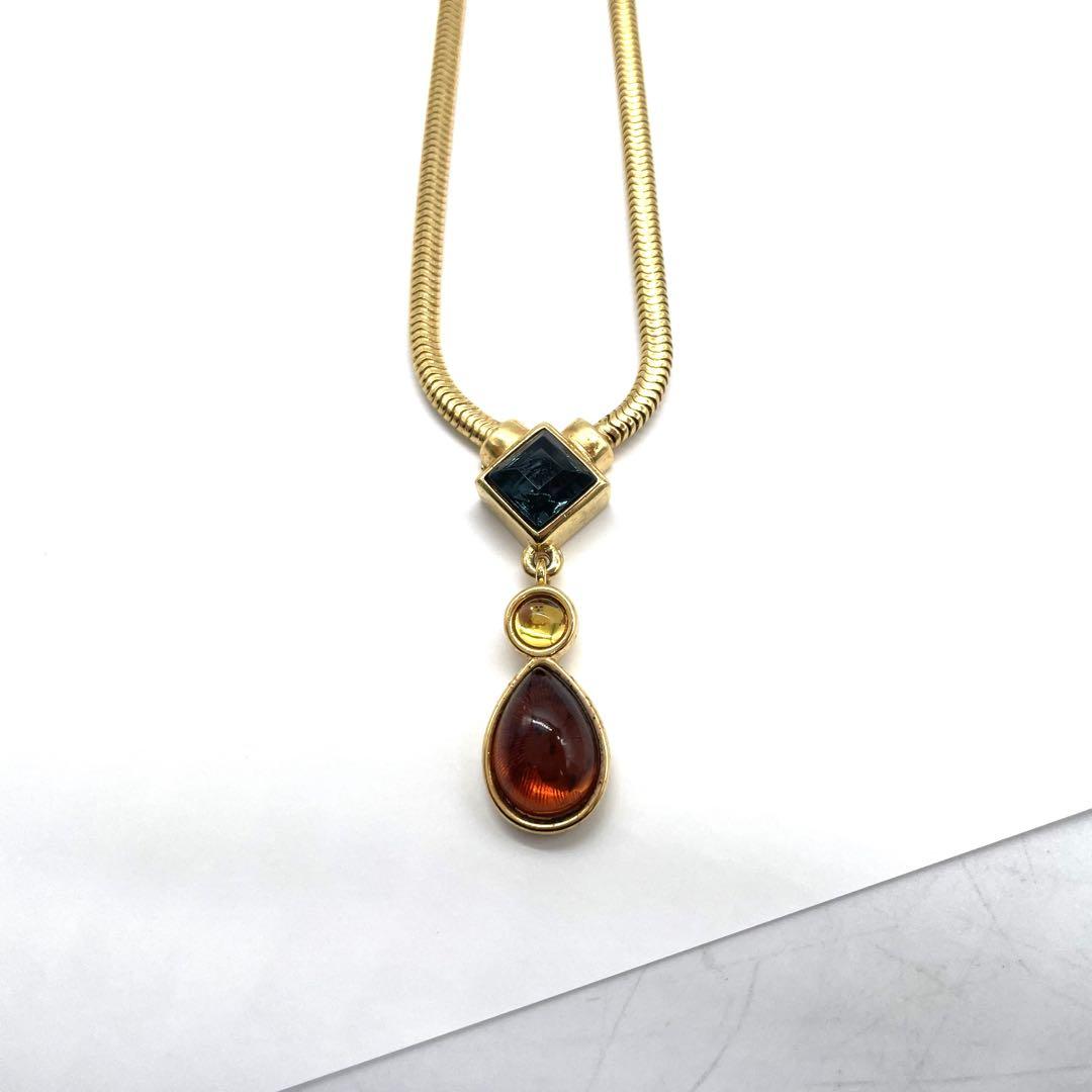 美品 モネ MONET ネックレス i6 カラーストーン ゴールド オレンジ ネイビー レディース アクセサリー ゴールド金具 ロゴ刻印 パリ 高級