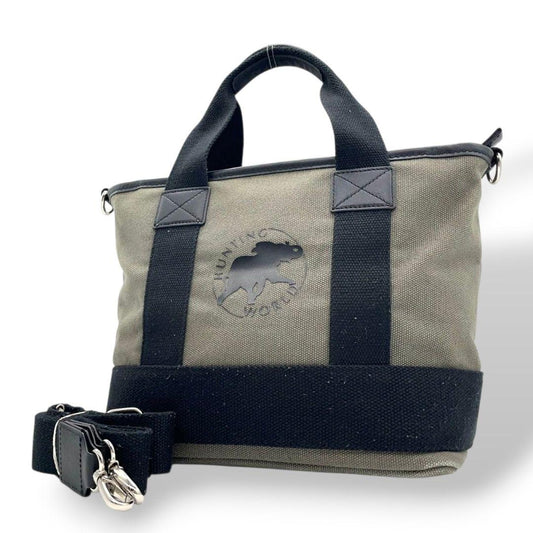 ハンティングワールド トートバッグ カーキ 黒 ブラック デカロゴ 2way キャンバス レザー 本革 ハンドバッグ ショルダーバッグ 斜め掛け可 シルバー金具 高級感 HUNTING WORLD 592403 T1