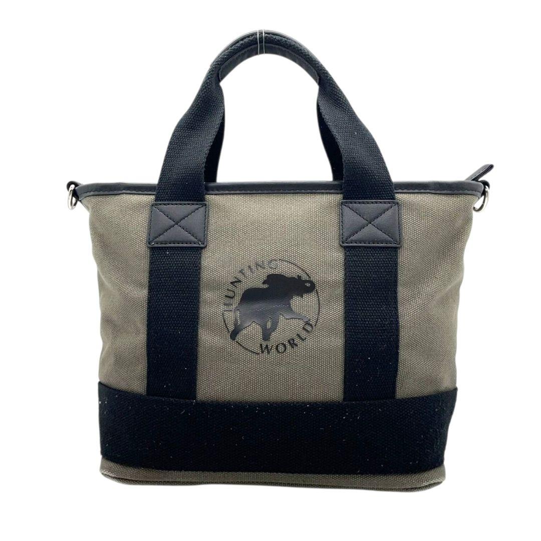 ハンティングワールド トートバッグ カーキ 黒 ブラック デカロゴ 2way キャンバス レザー 本革 ハンドバッグ ショルダーバッグ 斜め掛け可 シルバー金具 高級感 HUNTING WORLD 592403 T1