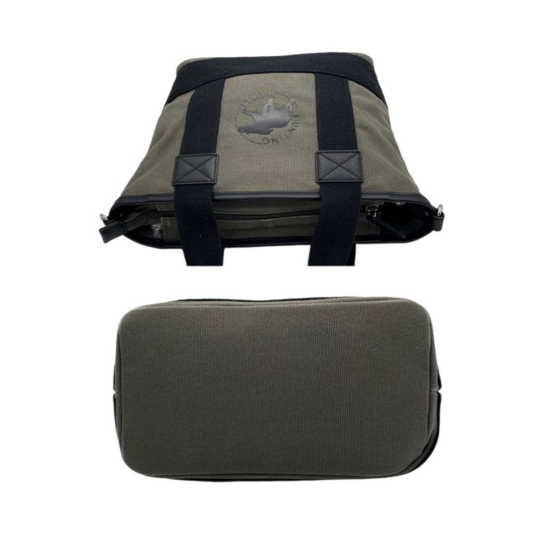 ハンティングワールド トートバッグ カーキ 黒 ブラック デカロゴ 2way キャンバス レザー 本革 ハンドバッグ ショルダーバッグ 斜め掛け可 シルバー金具 高級感 HUNTING WORLD 592403 T1